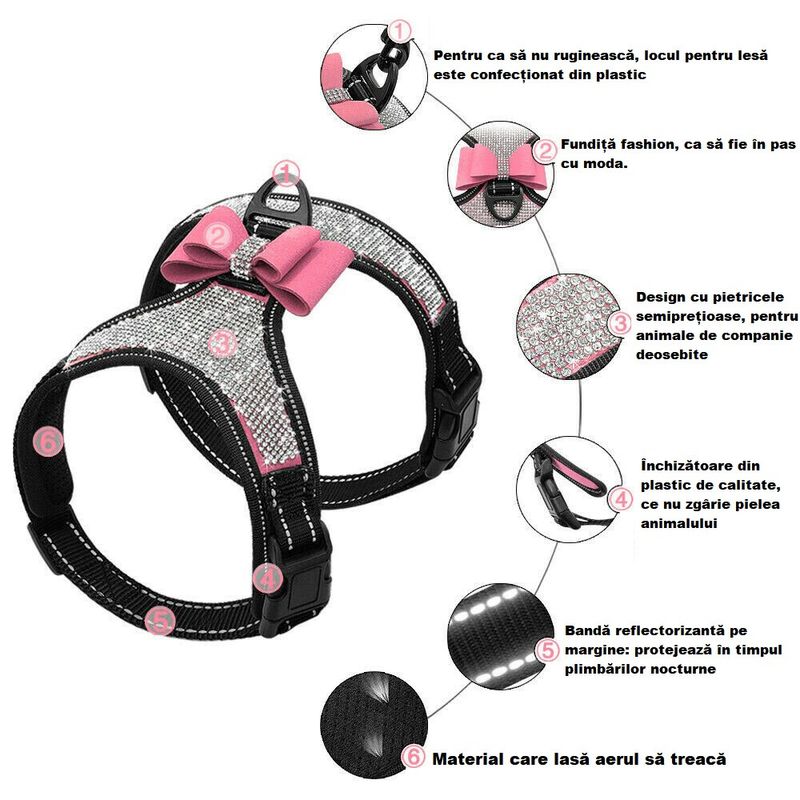 Petshop - Accesorii petshop - Zgarzi, lese si hamuri - Zgarzi - Zgarda ham tip bijuterie cu pietricele si fundita, pentru caini mici/catei, pisici sau alte animale, M - Infinity.ro