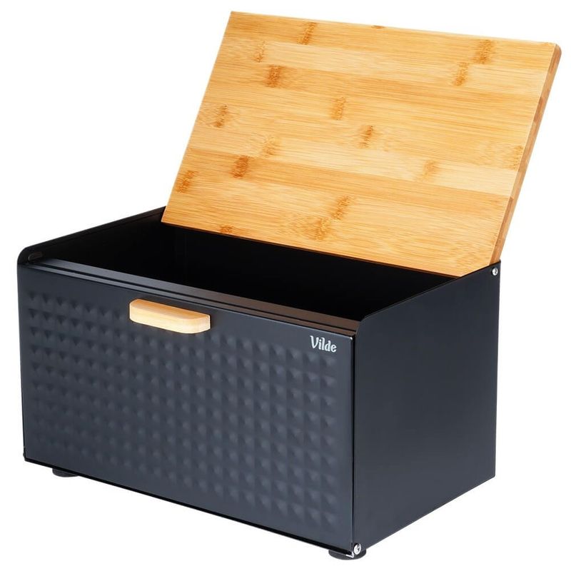 Casa si Gradina - Mobilier - Organizare si depozitare - Cutii depozitare - Cutie pentru Paine Metal-Lemn Negru cu Dublu Capac 35,5x22x20,5 cm - Infinity.ro