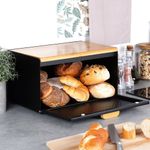 Casa si Gradina - Mobilier - Organizare si depozitare - Cutii depozitare - Cutie pentru Paine Metal-Lemn Negru cu Dublu Capac 35,5x22x20,5 cm - Infinity.ro