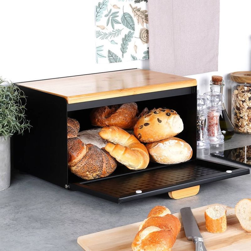 Casa si Gradina - Mobilier - Organizare si depozitare - Cutii depozitare - Cutie pentru Paine Metal-Lemn Negru cu Dublu Capac 35,5x22x20,5 cm - Infinity.ro