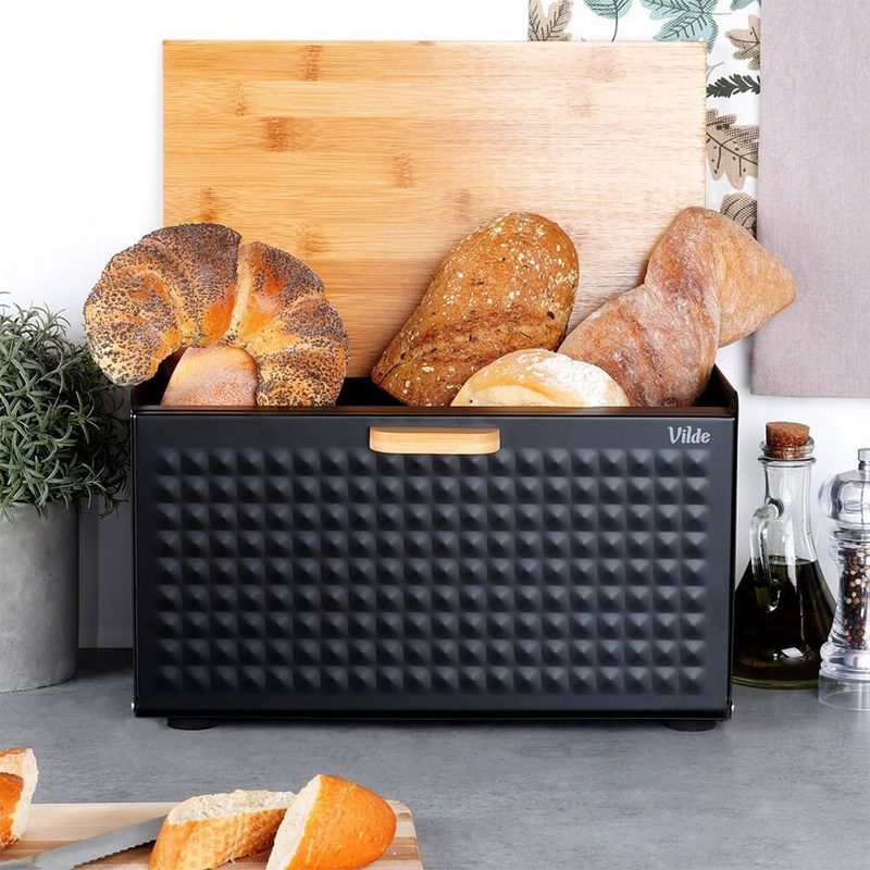 Casa si Gradina - Mobilier - Organizare si depozitare - Cutii depozitare - Cutie pentru Paine Metal-Lemn Negru cu Dublu Capac 35,5x22x20,5 cm - Infinity.ro