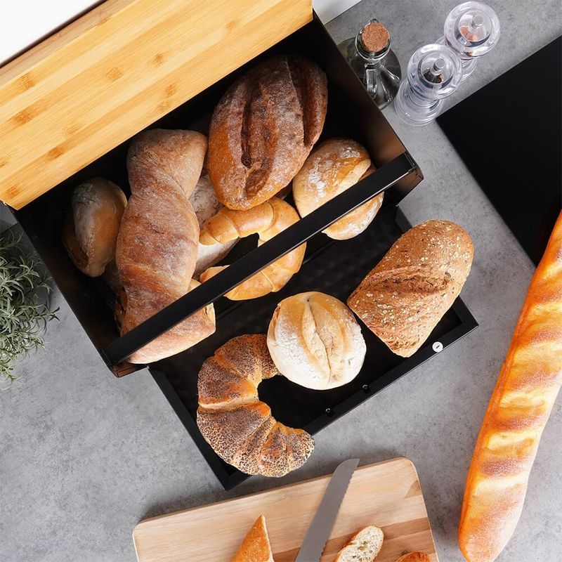 Casa si Gradina - Mobilier - Organizare si depozitare - Cutii depozitare - Cutie pentru Paine Metal-Lemn Negru cu Dublu Capac 35,5x22x20,5 cm - Infinity.ro