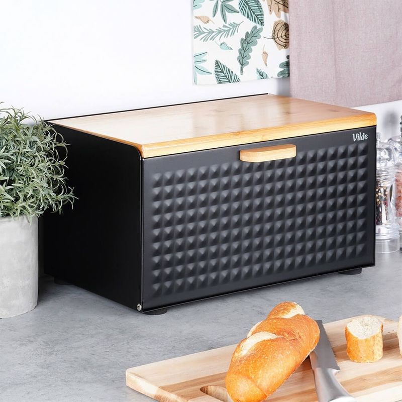 Casa si Gradina - Mobilier - Organizare si depozitare - Cutii depozitare - Cutie pentru Paine Metal-Lemn Negru cu Dublu Capac 35,5x22x20,5 cm - Infinity.ro