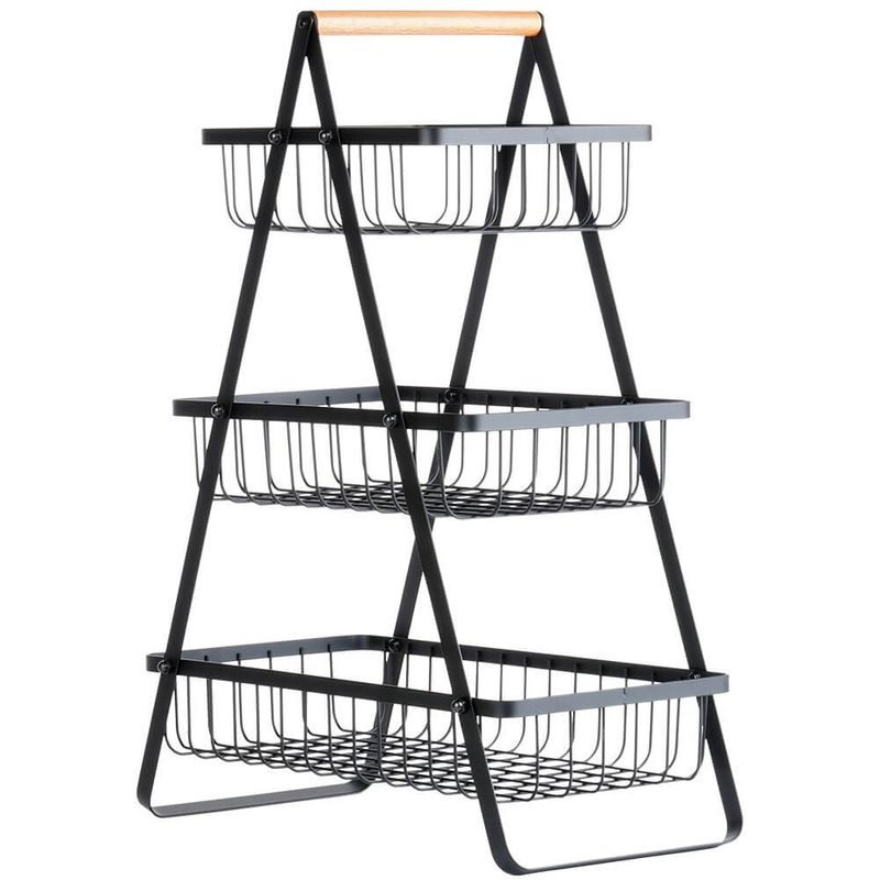 Casa si Gradina - Mobilier - Organizare si depozitare - Cutii depozitare - Cos Metalic pentru Fructe si Legume 3 Niveluri, Negru - Infinity.ro