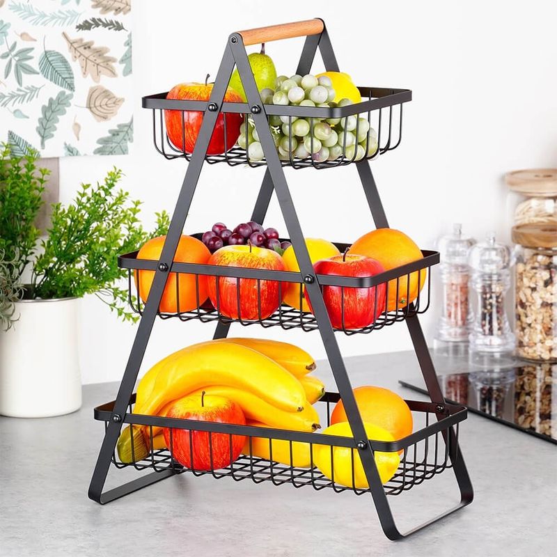 Casa si Gradina - Mobilier - Organizare si depozitare - Cutii depozitare - Cos Metalic pentru Fructe si Legume 3 Niveluri, Negru - Infinity.ro
