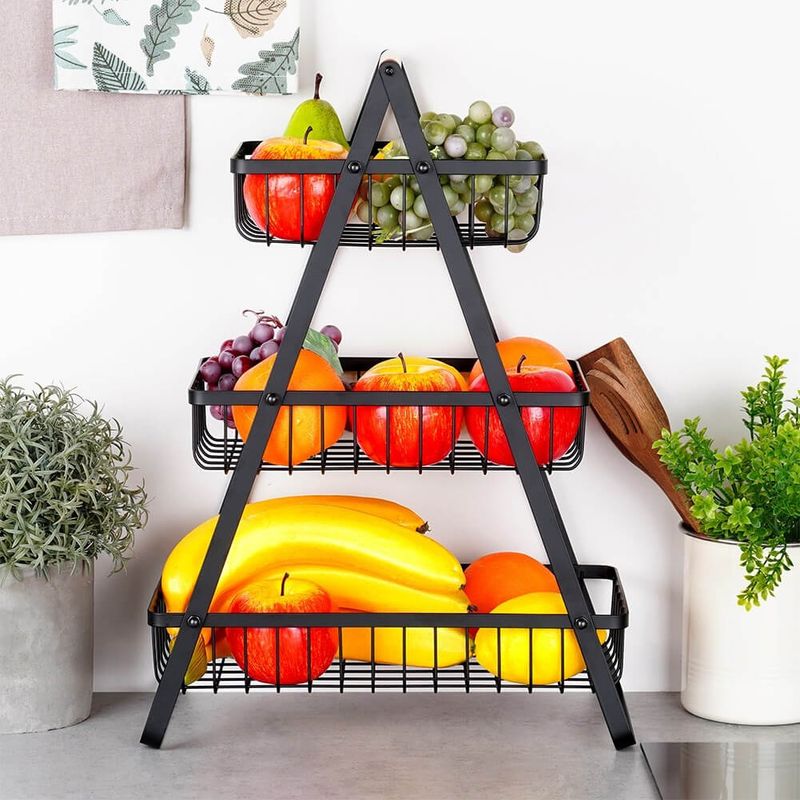 Casa si Gradina - Mobilier - Organizare si depozitare - Cutii depozitare - Cos Metalic pentru Fructe si Legume 3 Niveluri, Negru - Infinity.ro