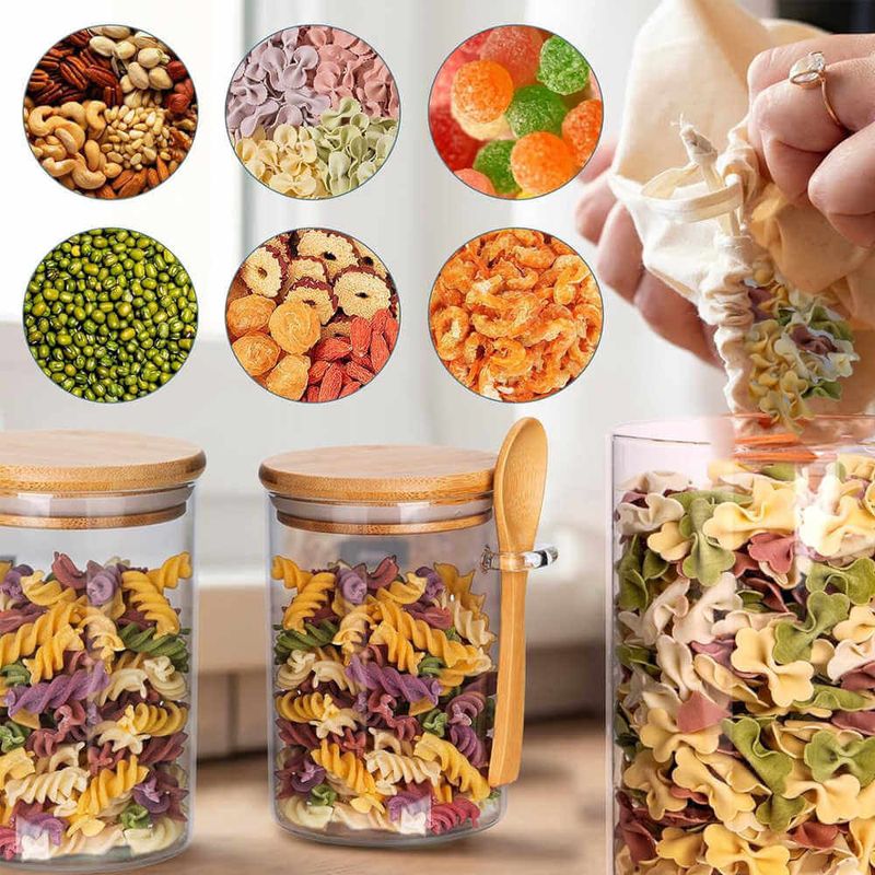 Casa si Gradina - Bucatarie si vesela - Organizare si depozitare bucatarie - Cutii alimentare - Set premium 2 recipiente din sticla borosilicata cu capac din bambus si lingurita – 550 ml - Infinity.ro