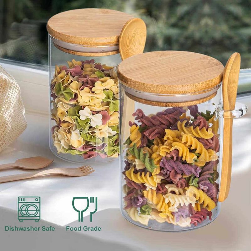 Casa si Gradina - Bucatarie si vesela - Organizare si depozitare bucatarie - Cutii alimentare - Set premium 2 recipiente din sticla borosilicata cu capac din bambus si lingurita – 550 ml - Infinity.ro