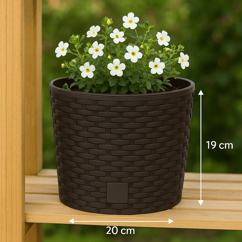 Casa si Gradina - Gradinarit si plante - Plante si ghivece - Ghivece si suporturi - Ghiveci rotund maro inchis, plastic rezistent, imitatie ratan, diametru 20 cm, inaltime 19 cm - Infinity.ro