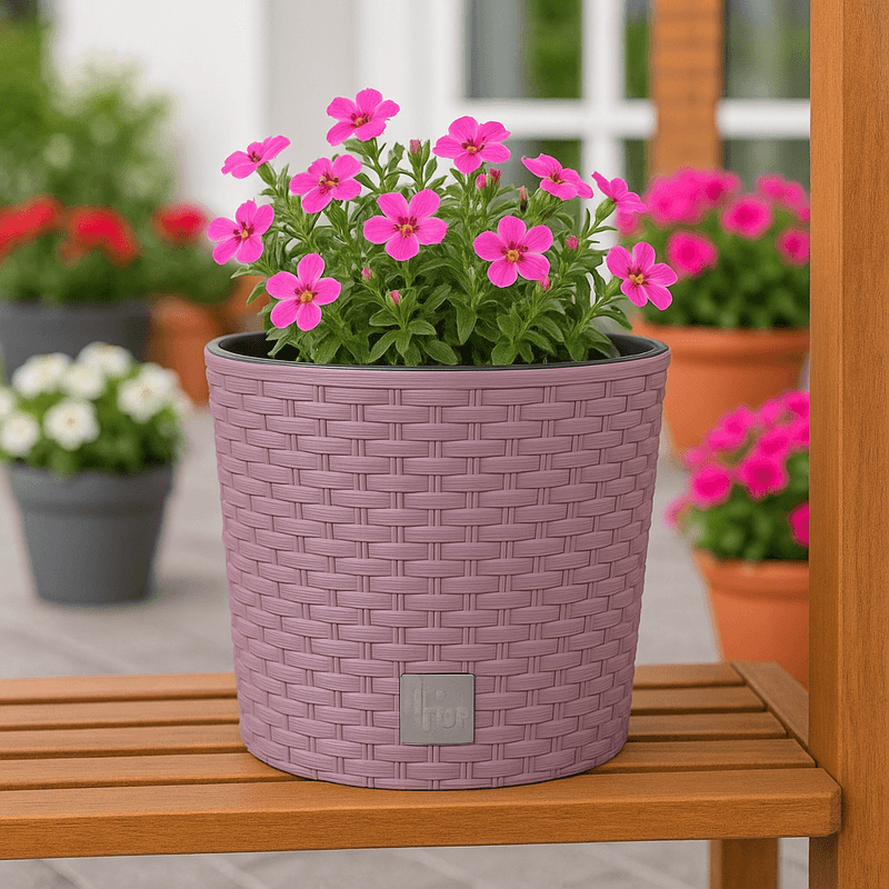Casa si Gradina - Gradinarit si plante - Plante si ghivece - Ghivece si suporturi - Ghiveci rotund mocca, plastic rezistent, imitatie ratan, diametru 20 cm, inaltime 19 cm - Infinity.ro