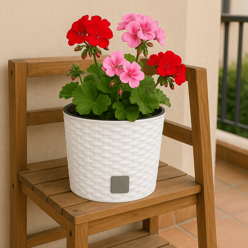 Casa si Gradina - Gradinarit si plante - Plante si ghivece - Ghivece si suporturi - Ghiveci rotund alb, plastic rezistent, imitatie ratan, diametru 20 cm, inaltime 19 cm - Infinity.ro