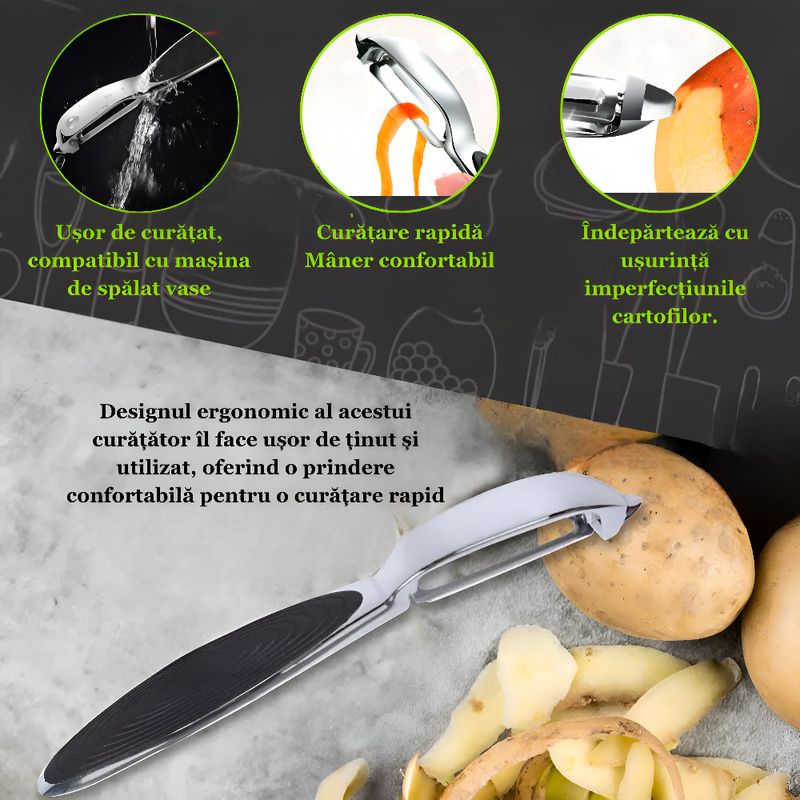 Casa si Gradina - Bucatarie si vesela - Ustensile bucatarie - Razatori si curatatoare - Dispozitiv decojire legume, fructe Koken, aliaj de Zinc, Ustensila decojit 2/1, varf ascutit, 17x1,5 cm, Negru/Argintiu - Infinity.ro