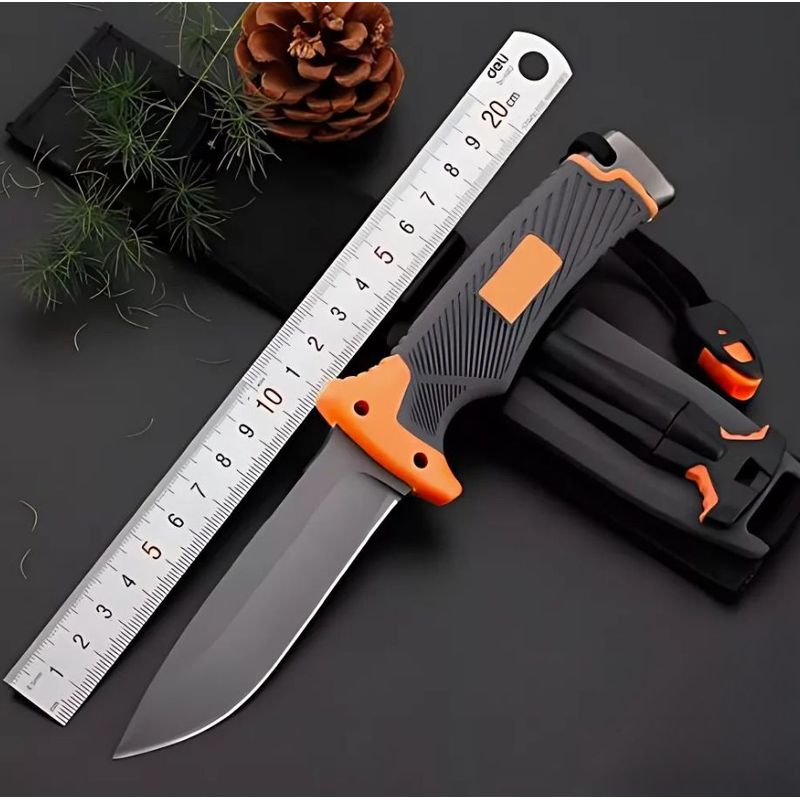 Sport si Outdoor - Camping - Cutite, bricege si accesorii - Cutite si bricege - Cutit supravietuire 25cm, lama fixa inox, maner cauciuc antialunecare, teaca cu husa, iasca, fluier, ascutitor - Infinity.ro