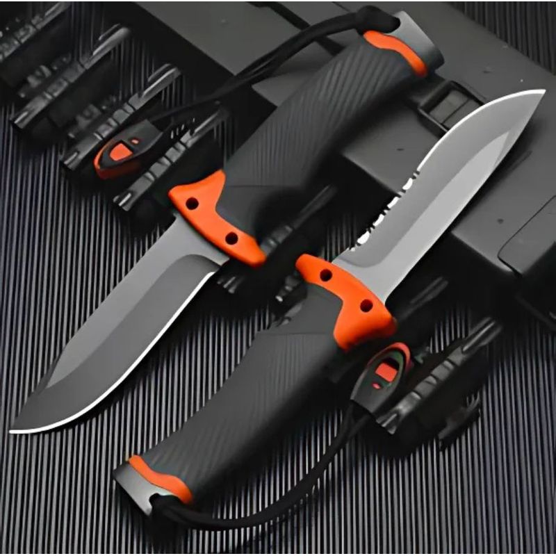 Sport si Outdoor - Camping - Cutite, bricege si accesorii - Cutite si bricege - Cutit supravietuire 25cm, lama fixa inox, maner cauciuc antialunecare, teaca cu husa, iasca, fluier, ascutitor - Infinity.ro