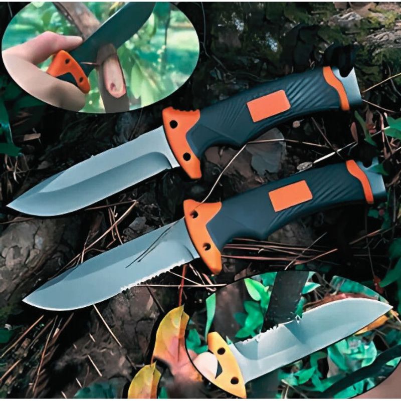 Sport si Outdoor - Camping - Cutite, bricege si accesorii - Cutite si bricege - Cutit supravietuire 25cm, lama fixa inox, maner cauciuc antialunecare, teaca cu husa, iasca, fluier, ascutitor - Infinity.ro