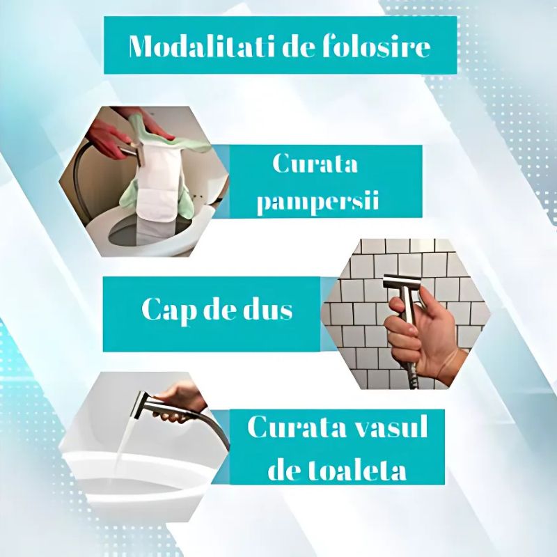 Casa si Gradina - Sanitare - Cazi si cabine de dus - Coloane si seturi de dus - Cap Dus cu Functie Bideu, Cap T, cu Furtun Protectie Metal 1.43 m, Sistem Agatare, Mufa Racord si Accesorii - Infinity.ro