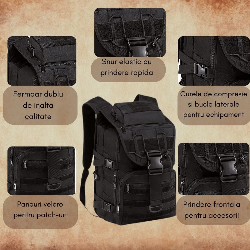 Sport si Outdoor - Camping - Accesorii camping si drumetii - Rucsac militar impermeabil 60L, reglabil, sistem MOLLE, buzunar laptop, ideal pentru drumetii, supravietuire, negru - Infinity.ro
