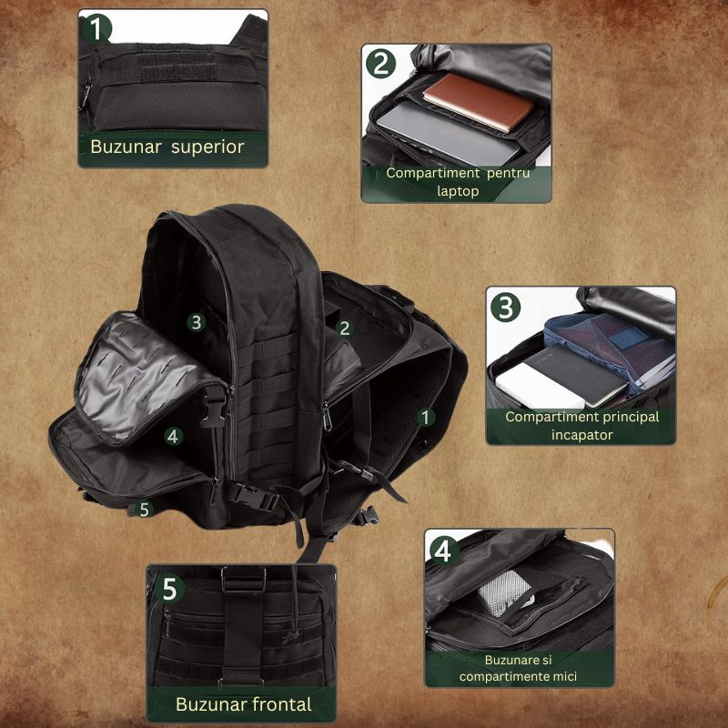 Sport si Outdoor - Camping - Accesorii camping si drumetii - Rucsac militar impermeabil 60L, reglabil, sistem MOLLE, buzunar laptop, ideal pentru drumetii, supravietuire, negru - Infinity.ro
