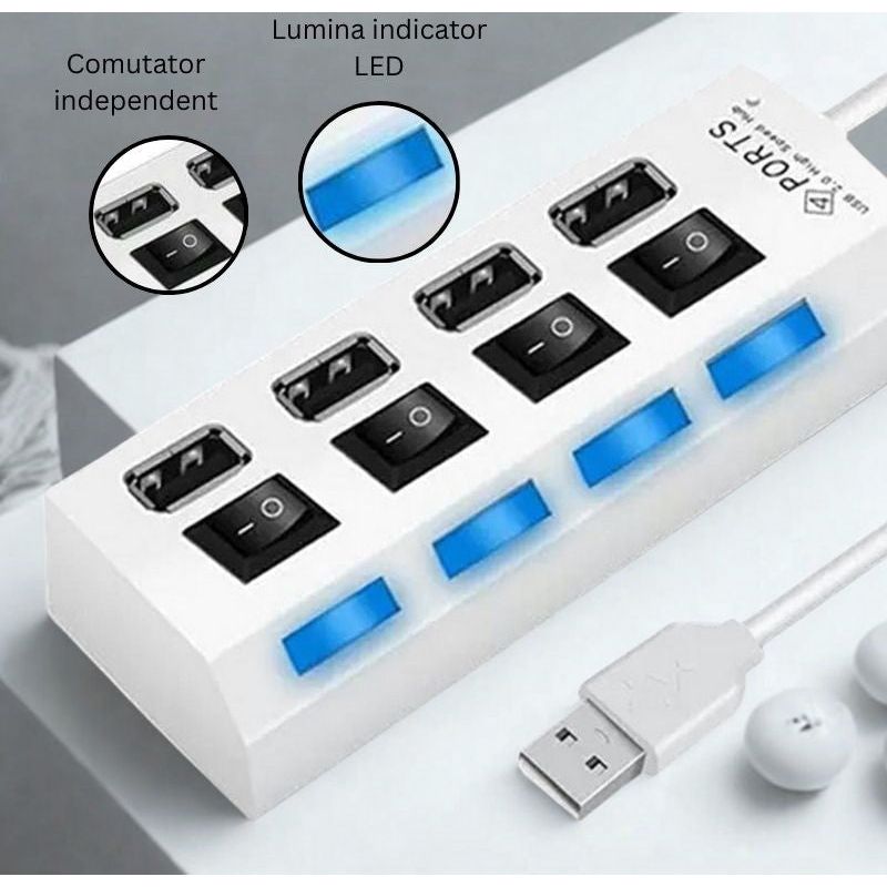 PC, gaming si accesorii - Retelistica - Hub-uri - Hub USB 2.0 cu 4 porturi, comutator individual, LED, transfer 480Mbps, Plug & Play, alimentare USB, alb - Infinity.ro