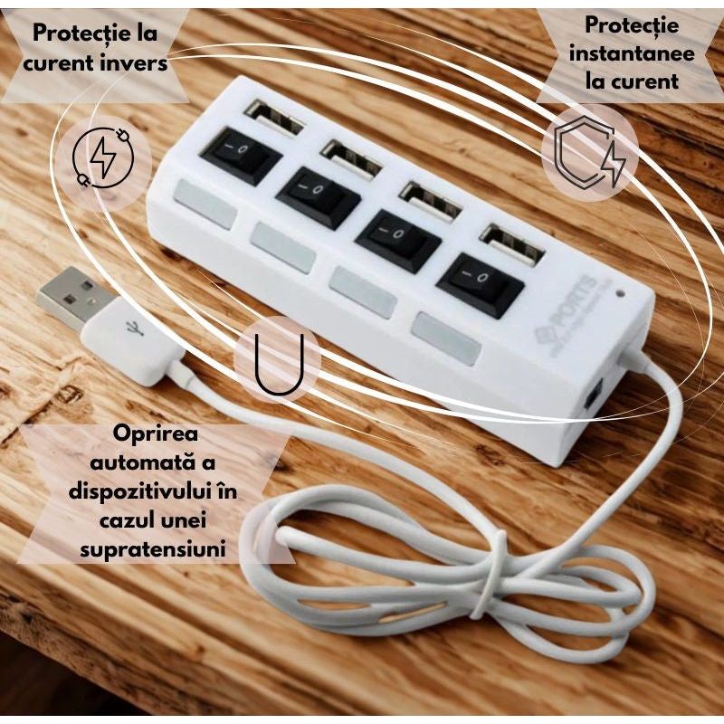 PC, gaming si accesorii - Retelistica - Hub-uri - Hub USB 2.0 cu 4 porturi, comutator individual, LED, transfer 480Mbps, Plug & Play, alimentare USB, alb - Infinity.ro