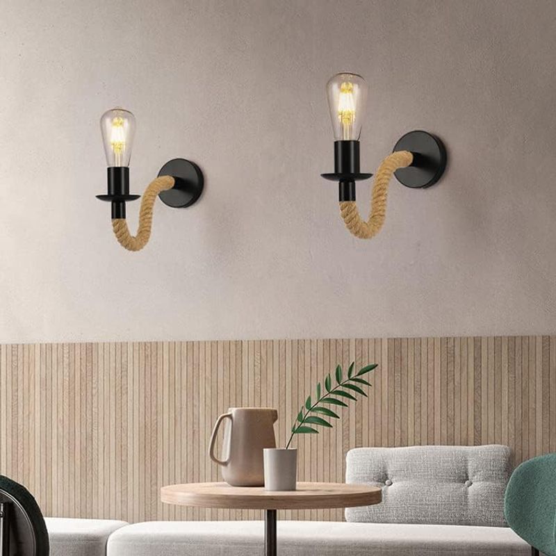 Casa si Gradina - Corpuri si surse de iluminat - Iluminat exterior - Lampi solare - Lampa perete decorativa loft industrial, brat sfoara iuta, prindere E27, rotatie 360°, alimentare la priza - Infinity.ro
