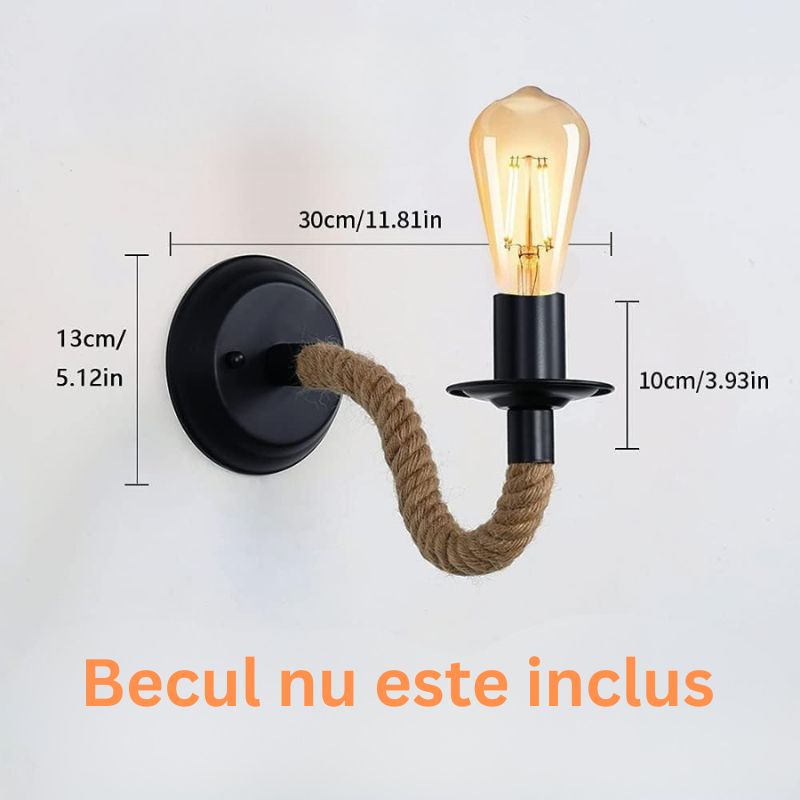 Casa si Gradina - Corpuri si surse de iluminat - Iluminat exterior - Lampi solare - Lampa perete decorativa loft industrial, brat sfoara iuta, prindere E27, rotatie 360°, alimentare la priza - Infinity.ro