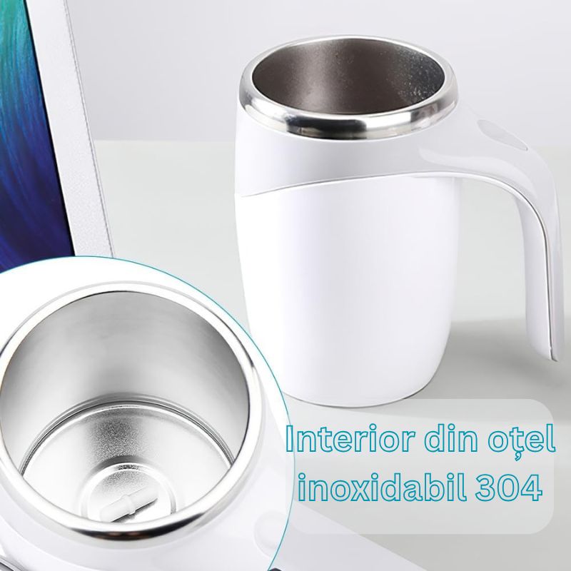 Casa si Gradina - Bucatarie si vesela - Cani si pahare - Cani si cesti - Cana Electrica Cu Auto Amestecare, Mixer Magnetic Cafea, Inox, Termos, USB, 380ml, Alb-Gri - Infinity.ro