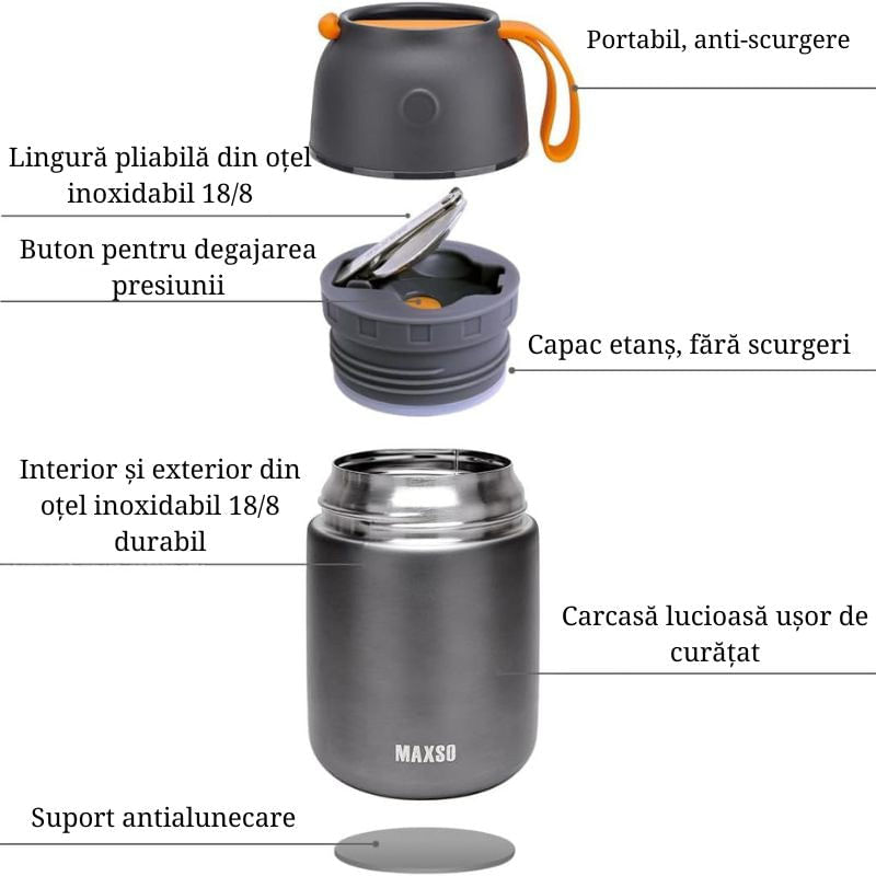 Casa si Gradina - Bucatarie si vesela - Accesorii bar - Termosuri si Cani termos - Termos alimentar 650ml inox cu capac bol, lingura pliabila, izolat termic, etans pentru mancare calda sau rece - Infinity.ro