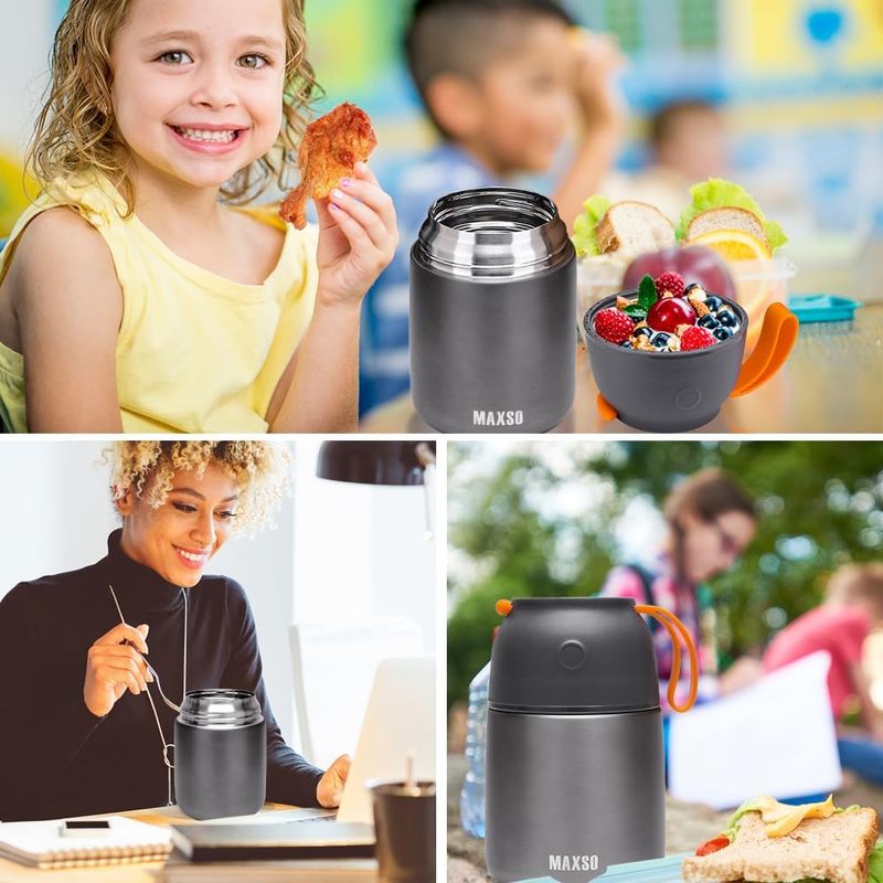 Casa si Gradina - Bucatarie si vesela - Accesorii bar - Termosuri si Cani termos - Termos alimentar 650ml inox cu capac bol, lingura pliabila, izolat termic, etans pentru mancare calda sau rece - Infinity.ro