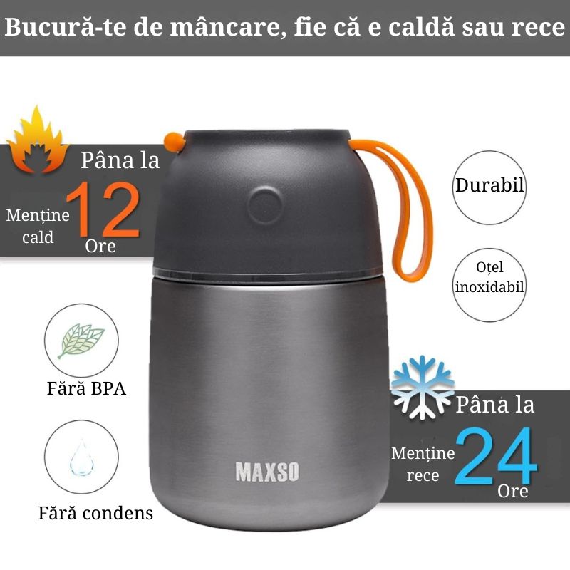 Casa si Gradina - Bucatarie si vesela - Accesorii bar - Termosuri si Cani termos - Termos alimentar 650ml inox cu capac bol, lingura pliabila, izolat termic, etans pentru mancare calda sau rece - Infinity.ro