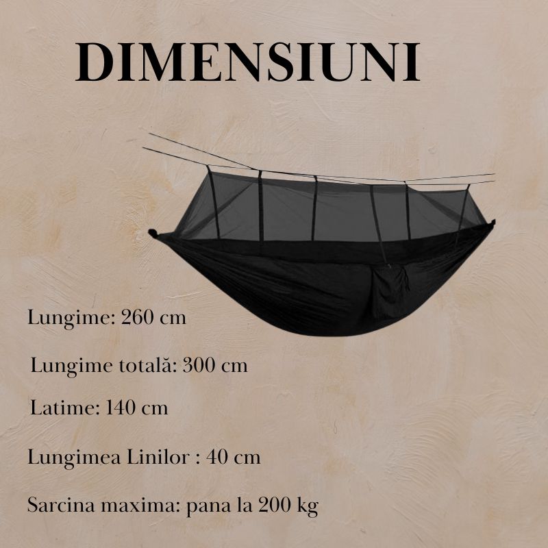 Casa si Gradina - Gradina si terasa - Balansoare si hamace - Hamace si suporturi - Hamac 260x140cm cu plasa tantari, antirasturnare, sarcina 200kg, camping gradina, negru, compact cu accesorii - Infinity.ro