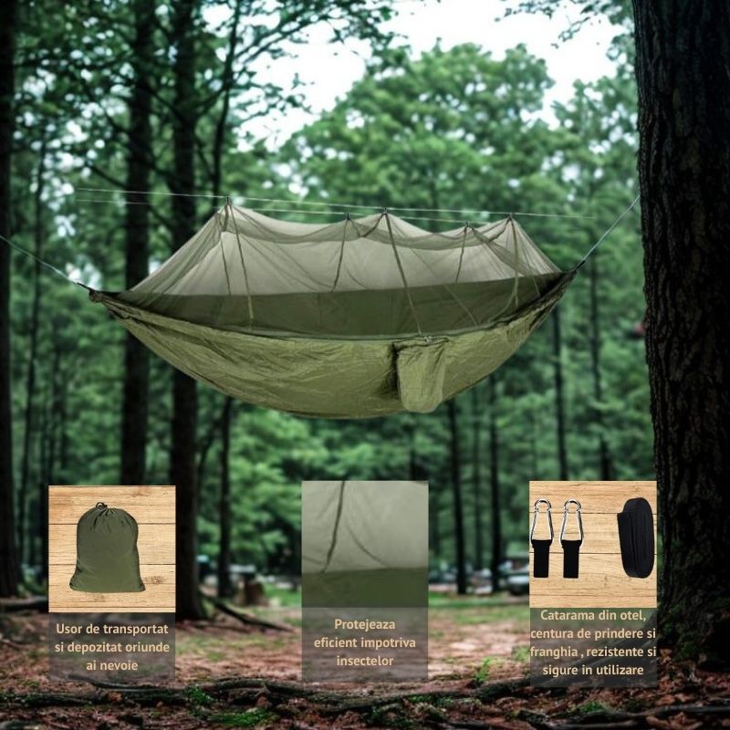 Casa si Gradina - Gradina si terasa - Balansoare si hamace - Hamace si suporturi - Hamac 260x140cm cu plasa tantari, antirasturnare, sarcina 200kg, verde, camping gradina, usor, compact, cu accesorii - Infinity.ro