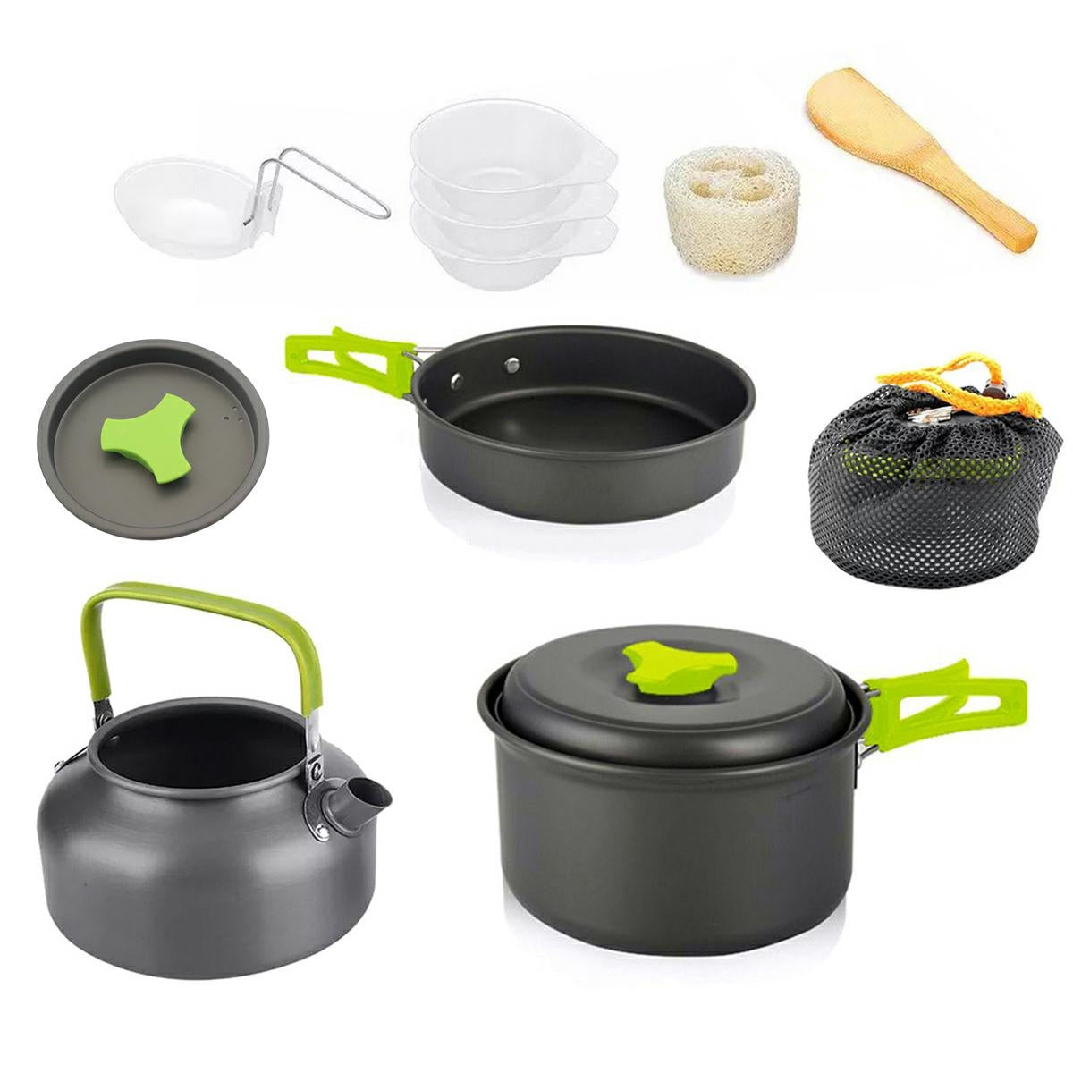 Set Vase de Gatit pentru Camping, 10 Piese, Aluminiu/Inox, Negru - Oala, Tigaie, Ibric, Capace, Ustensile, Husa Inclusa