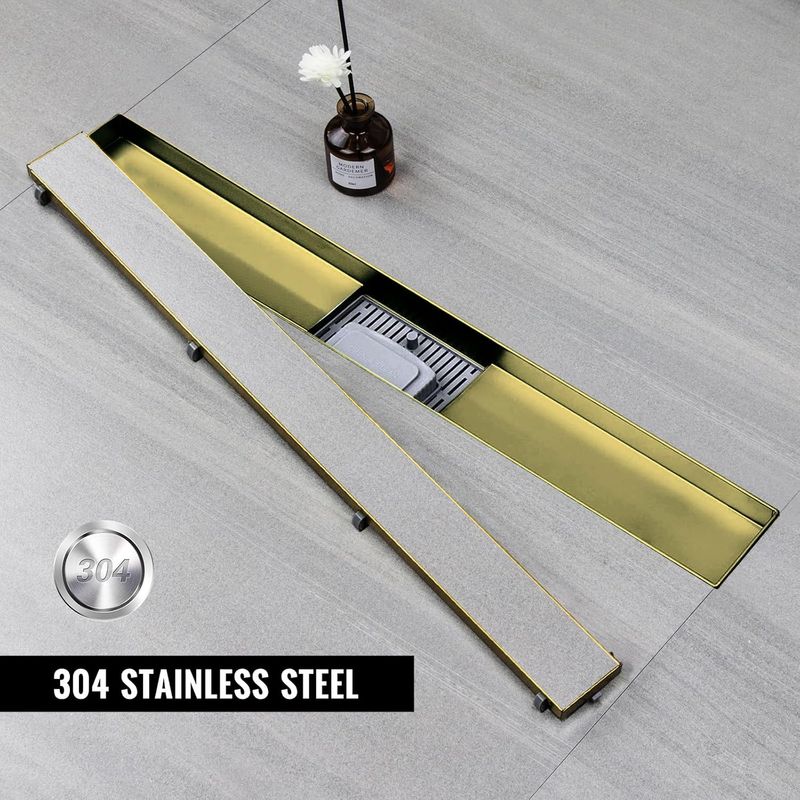Casa si Gradina - Sanitare - Cazi si cabine de dus - Coloane si seturi de dus - Rigola dus 90 cm, auriu, din inox, placabila cu gresie slim cu sifon, anti miros si filtru pentru par - Infinity.ro