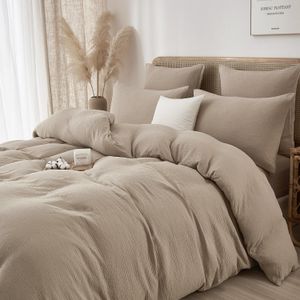 Lenjerie pat bumbac muselina, set cu husa pilota dubla 260x240, 2 fete perna 65x65, cu fermoar, moale, kaki