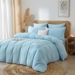Casa si Gradina - Textile si covoare - Lenjerii de pat - Seturi de lenjerie - Lenjerie pat bumbac muselina, set cu husa pilota dubla 260x240, 2 fete perna 65x65, cu fermoar, moale, albastru deschis - Infinity.ro