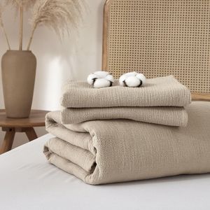 Lenjerie pat bumbac muselina, set cu husa pilota dubla 260x240, 2 fete perna 65x65, cu fermoar, moale, kaki