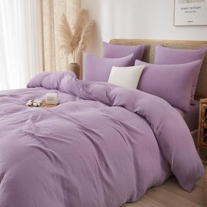 Lenjerie pat bumbac muselina, set cu husa pilota dubla 220X240, 2 fete perna 65x65, cu fermoar, moale, mov lila