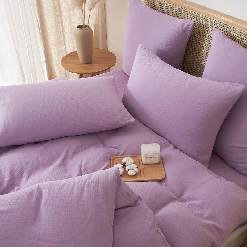 Casa si Gradina - Textile si covoare - Lenjerii de pat - Seturi de lenjerie - Lenjerie pat bumbac muselina, set cu husa pilota dubla 220X240, 2 fete perna 65x65, cu fermoar, moale, mov lila - Infinity.ro