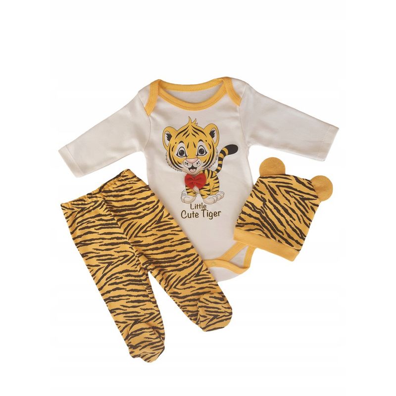 Fashion, accesorii si bijuterii - Copii - Imbracaminte copii - Treninguri si compleuri copii - Set compleu haine copii, format din body, pantaloni si caciulita - model Tigru 68 - Infinity.ro