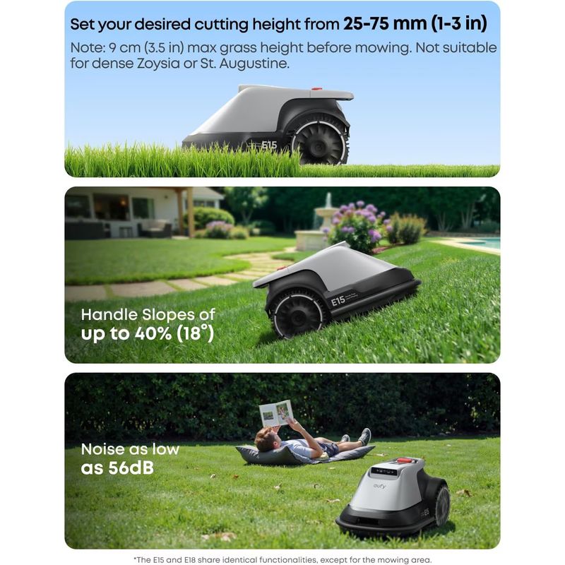 Casa si Gradina - Gradinarit si plante - Utilaje gradina - Masini de tuns iarba - Robot de tuns iarba/gazon eufy E15, Inaltime de taiere 2.5 - 7.6 cm, Management Multi-Zone, Auto Mapare, Navigatie Smart - Infinity.ro