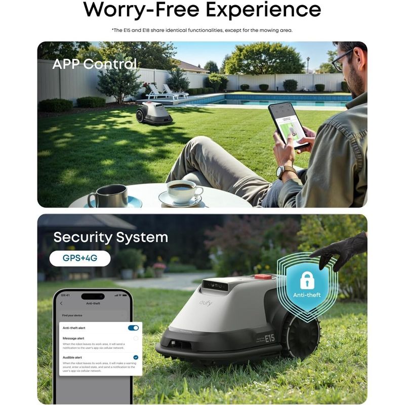 Casa si Gradina - Gradinarit si plante - Utilaje gradina - Masini de tuns iarba - Robot de tuns iarba/gazon eufy E15, Inaltime de taiere 2.5 - 7.6 cm, Management Multi-Zone, Auto Mapare, Navigatie Smart - Infinity.ro