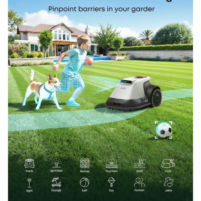 Casa si Gradina - Gradinarit si plante - Utilaje gradina - Masini de tuns iarba - Robot de tuns iarba/gazon eufy E15, Inaltime de taiere 2.5 - 7.6 cm, Management Multi-Zone, Auto Mapare, Navigatie Smart - Infinity.ro