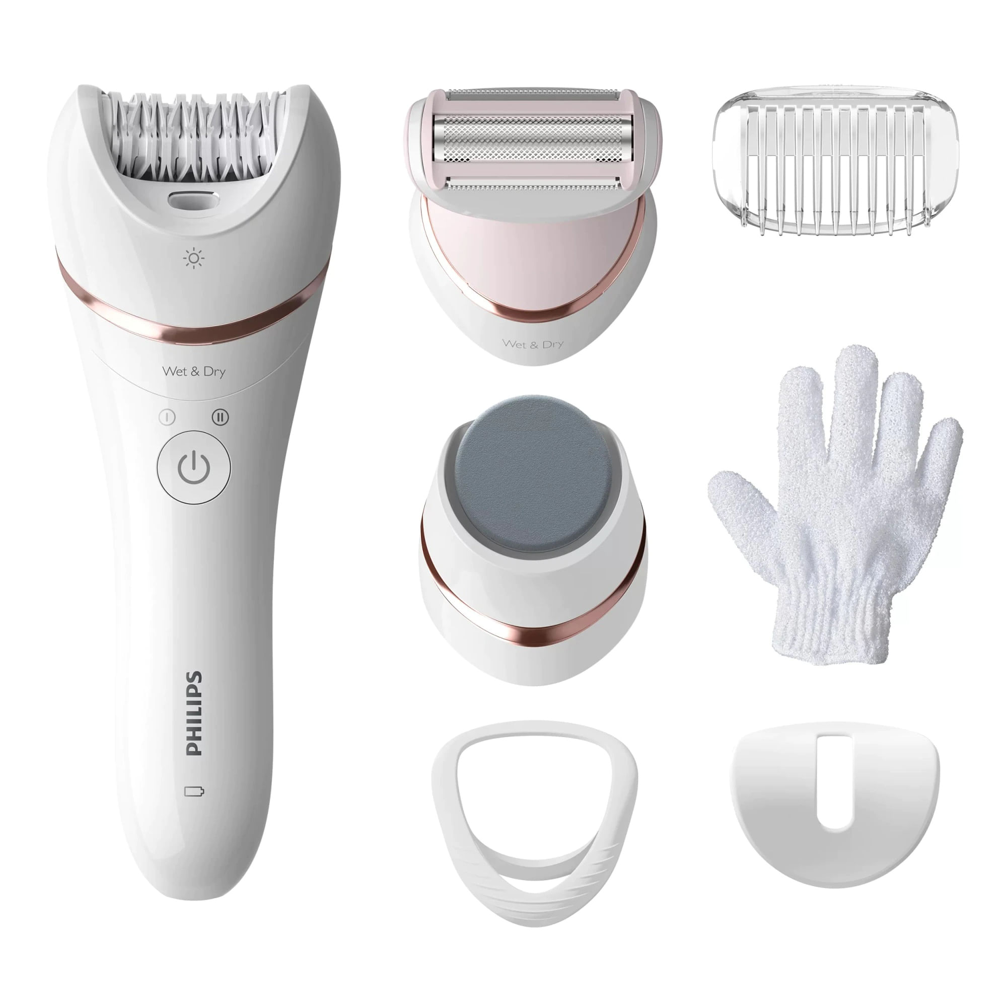 Epilator umed si uscat Philips Seria 8000 BRE730/10, 7 accesorii, 32 pensete, utilizare fara fir, 2 setari viteza, opti-