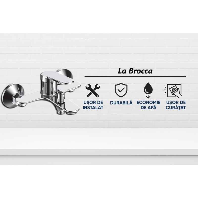 Casa si Gradina - Sanitare - Lavoar baie si accesorii - Baterii sanitare - Baterie cada si dus La Brocca MILANO P700C305, Monocomanda, Design slim, Montaj pe perete, Economie de apa, alama - Infinity.ro