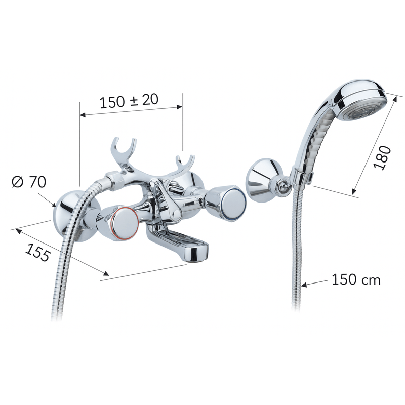 Casa si Gradina - Sanitare - Lavoar baie si accesorii - Baterii sanitare - Baterie cada dus cu set de dus Remer Rubinetterie 1000-2000 02Y, monocomanda, montaj pe perete, suport fix, alama - Infinity.ro