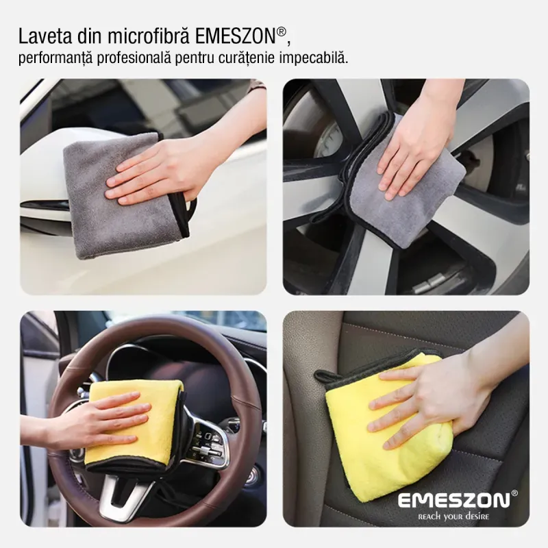 Auto si Moto - Intretinere auto - Produse curatare auto - Laveta din Microfibra pura si super absorbanta EMESZON®, 30x30 cm 800 GSM, curatare masina, geamuri, monitor, gri-galben - Infinity.ro