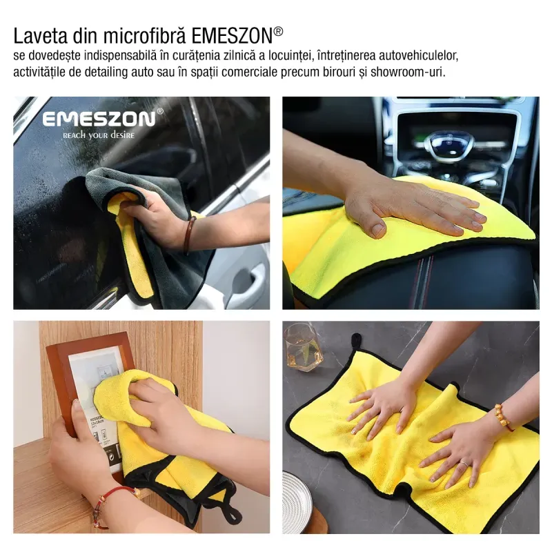 Auto si Moto - Intretinere auto - Produse curatare auto - Laveta din Microfibra pura si super absorbanta EMESZON®, 30x30 cm 800 GSM, curatare masina, geamuri, monitor, gri-galben - Infinity.ro