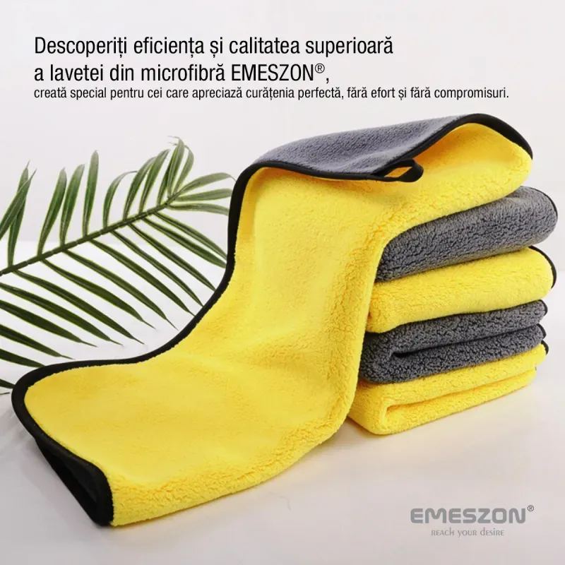 Auto si Moto - Intretinere auto - Produse curatare auto - Laveta din Microfibra pura si super absorbanta EMESZON®, 60x40 cm 800 GSM, curatare masina, geamuri, monitor, gri-galben - Infinity.ro