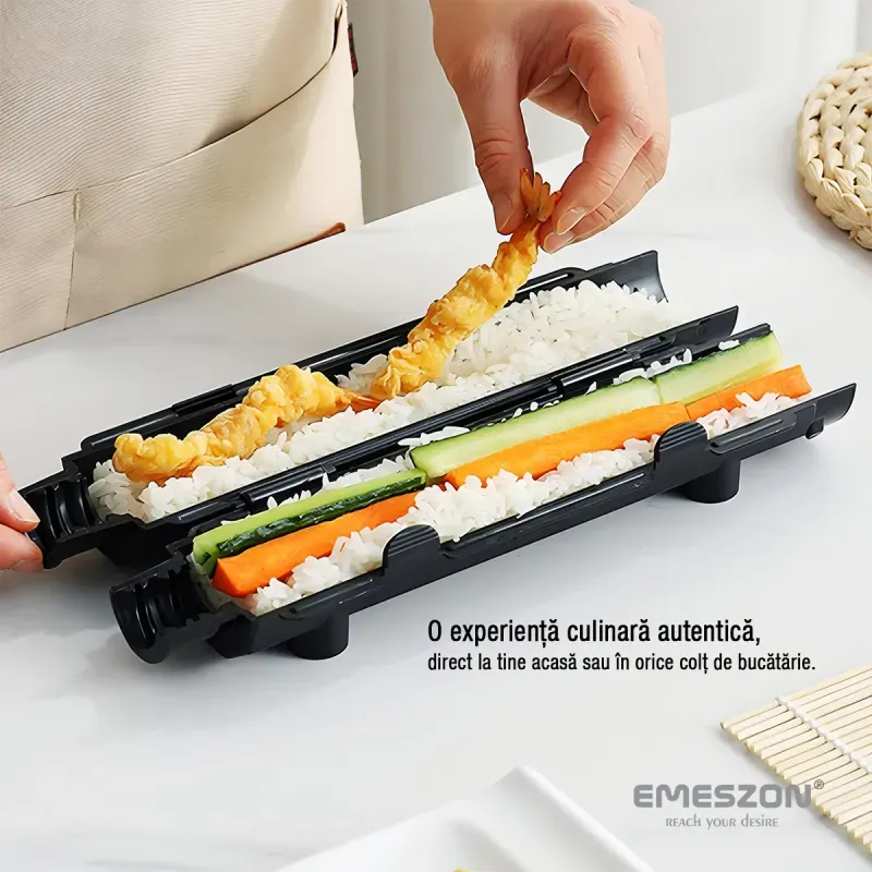 Casa si Gradina - Bucatarie si vesela - Ustensile bucatarie - Seturi ustensile de bucatarie - Set Sushi Rolls 2, EMESZON® Aparat manual de rulat Sushi cu rola bambus pentru pasionatii de bucataria Asiatica, negru - Infinity.ro